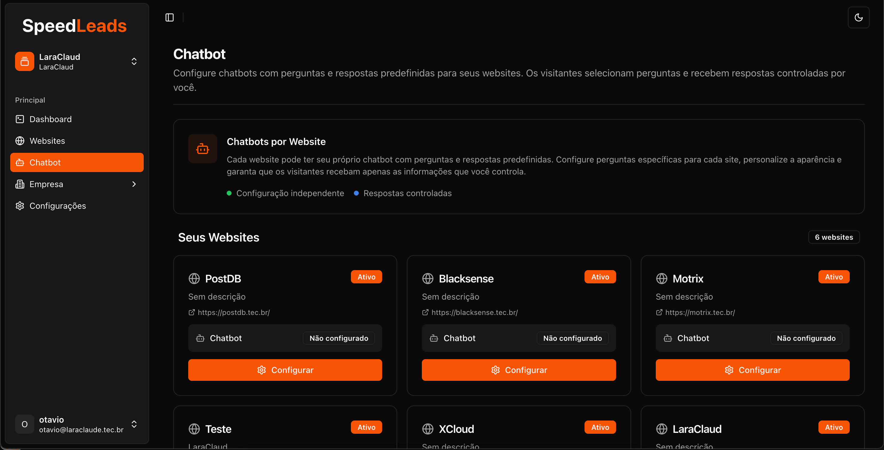 Interface de configuração de chatbot do SpeedLeads
