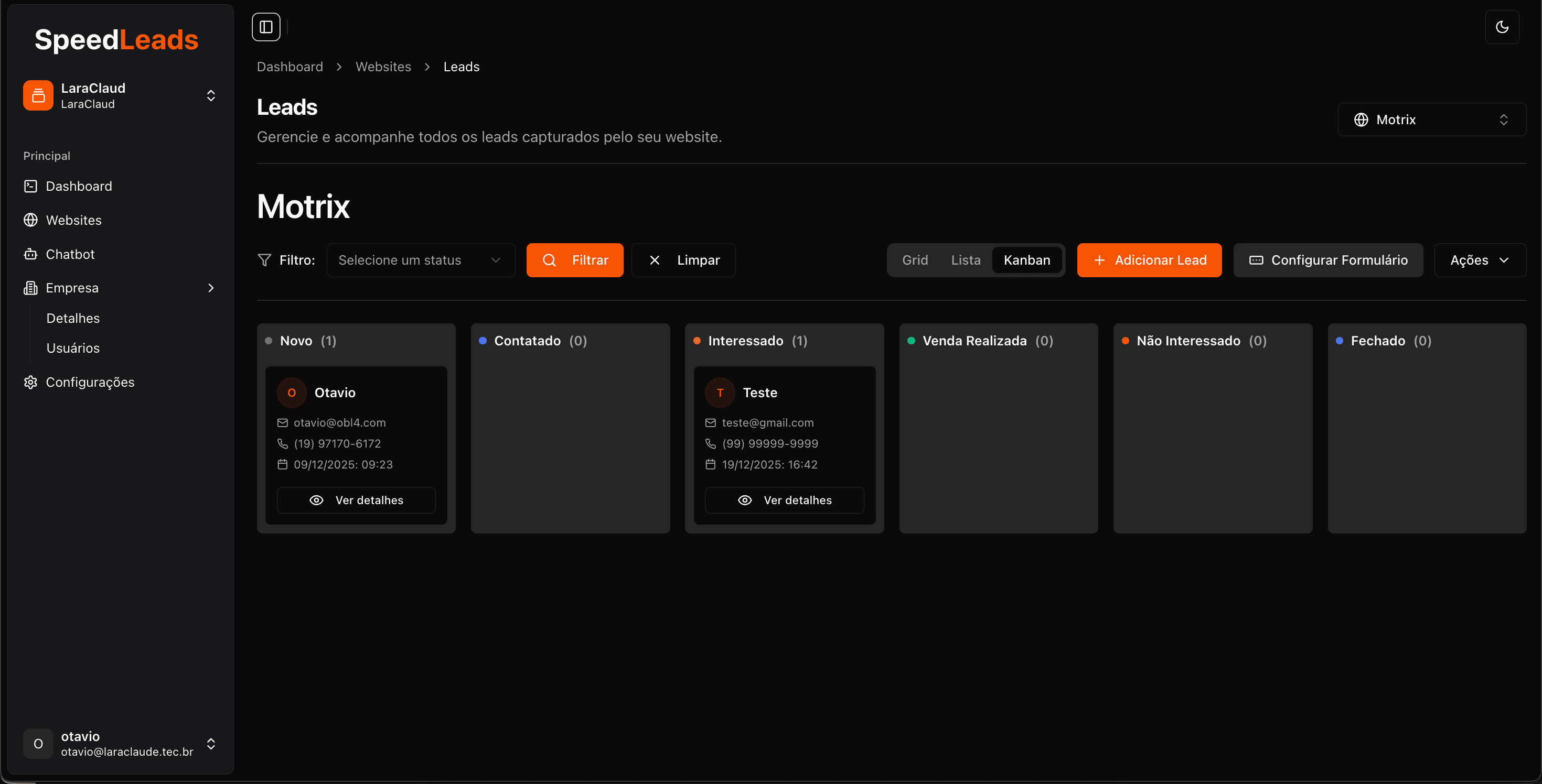 Visualização Kanban de leads no SpeedLeads