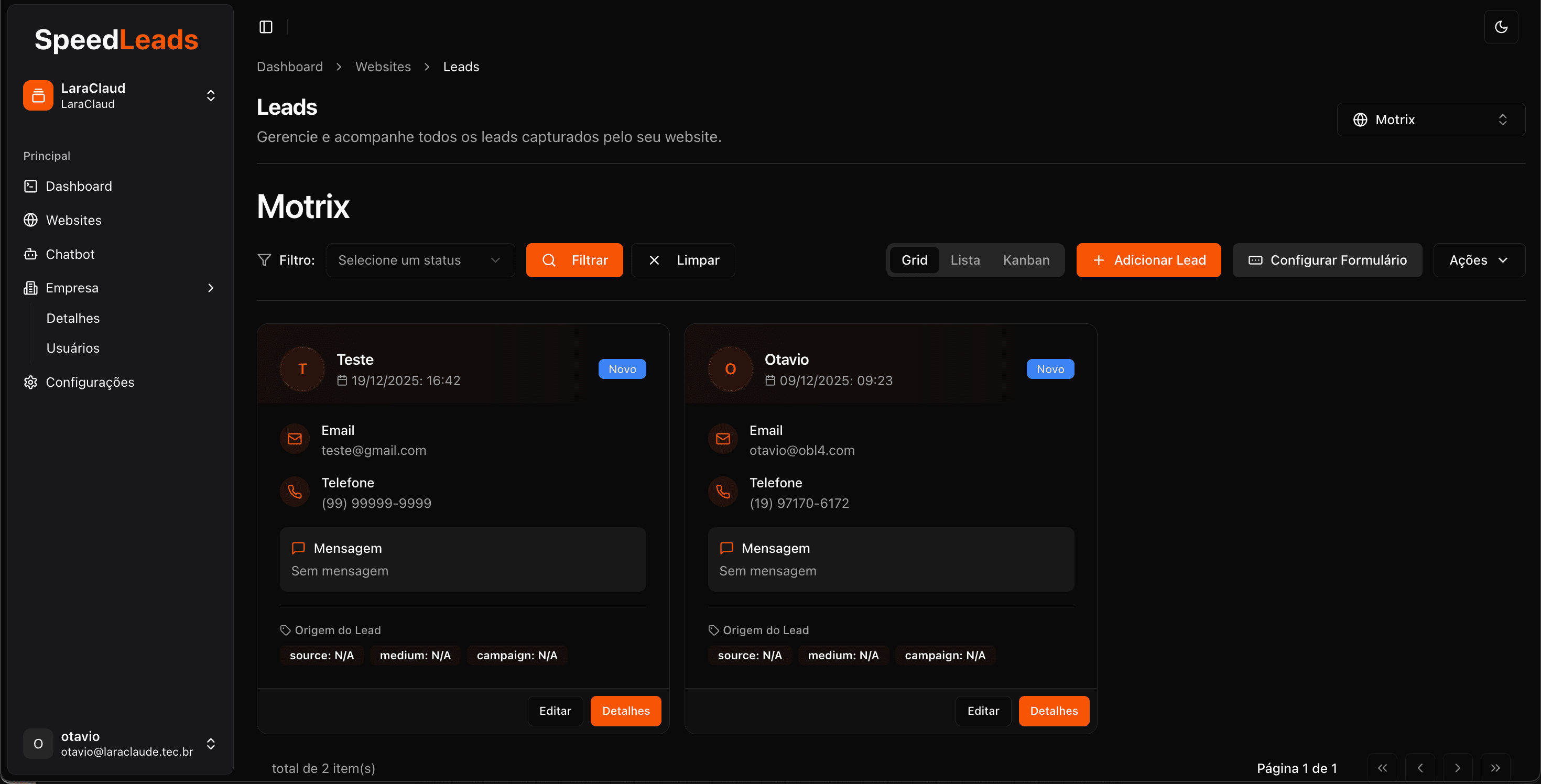Tela de gestão de leads do SpeedLeads
