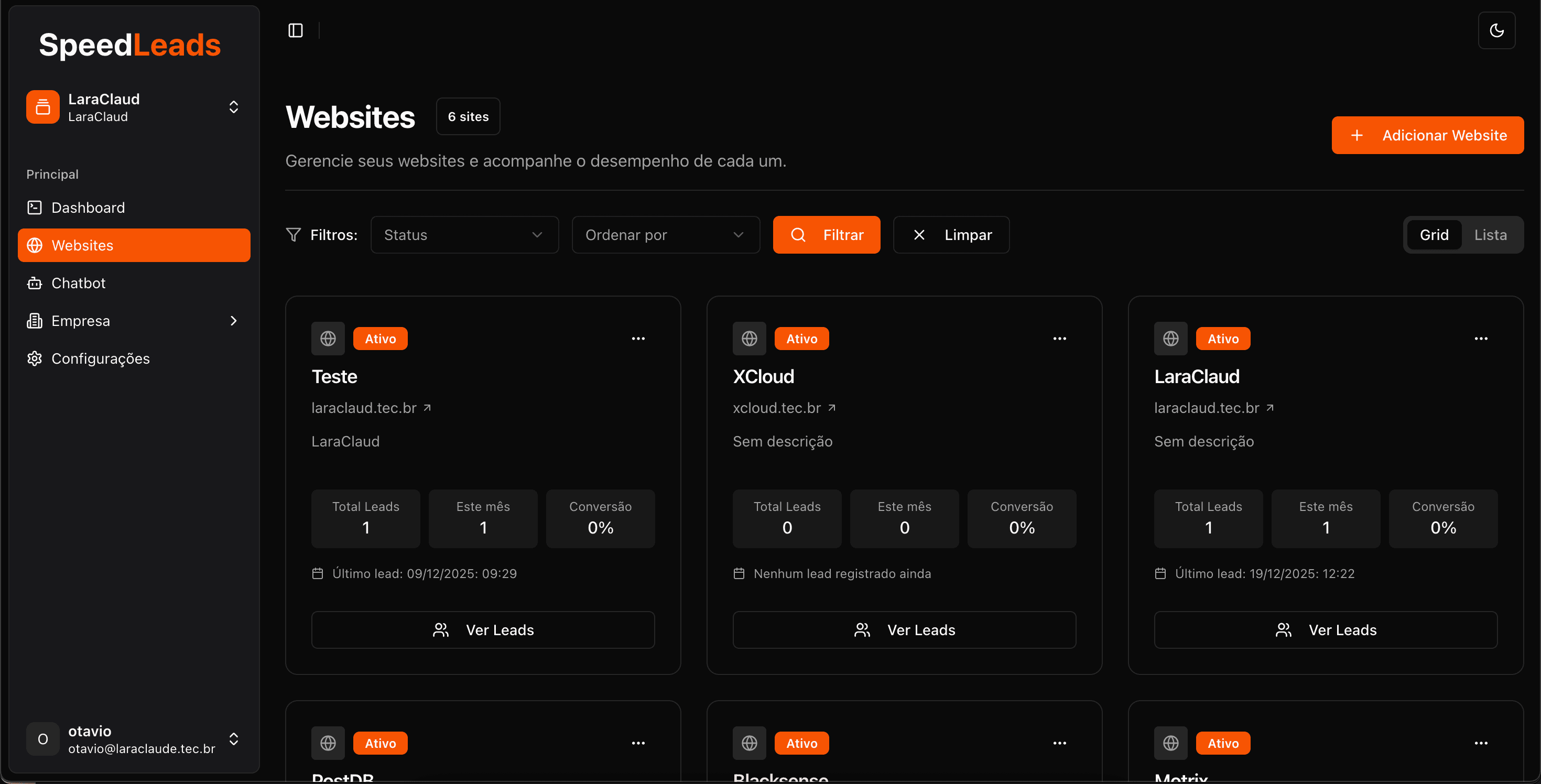 Tela de listagem de websites do SpeedLeads